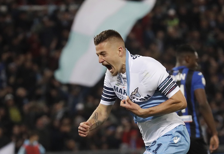 Sergej Milinkovic-Savic celebrates after scoring Lazio's opening goal in the Coppa Italia final