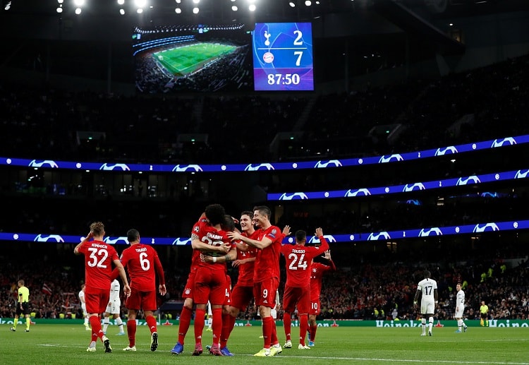 Serge Gnabry celebrates with teammates after scoring Bayern's seventh Champions League goal over Tottenham