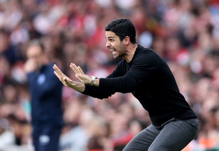 Arsenal manager Mikel Arteta instructs his players from the sideline during Premier League match against Brighton & Hove Albion